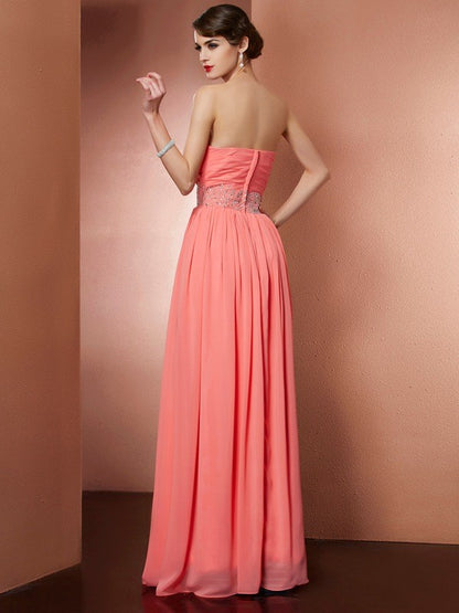 A-Line/Princess Strapless Sleeveless Pleats Beading Long Chiffon Dresses