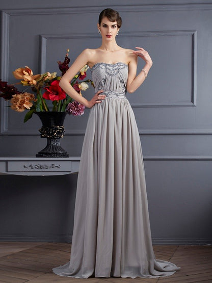 A-Line/Princess Sweetheart Sleeveless Beading Pleats Long Chiffon Dresses