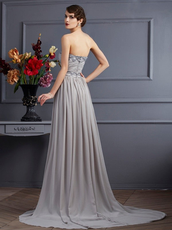 A-Line/Princess Sweetheart Sleeveless Beading Pleats Long Chiffon Dresses