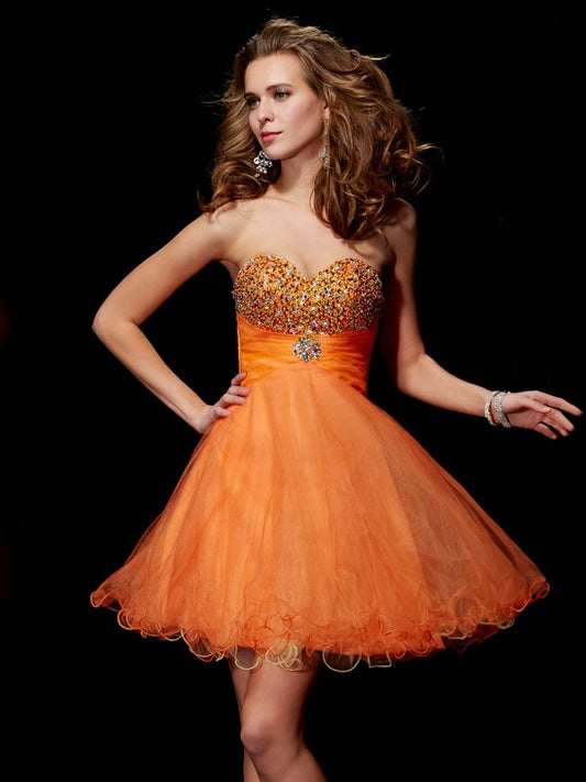 A-Line/Princess Strapless Sleeveless Beading Short Organza Homecoming Dresses