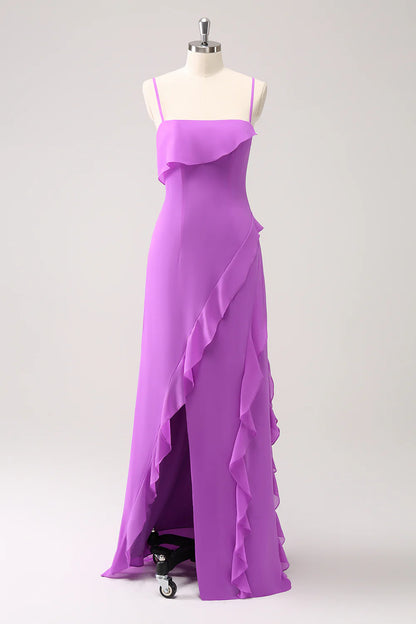 Tight fitting thin shoulder strap ruffle edge slit long bridesmaid dress