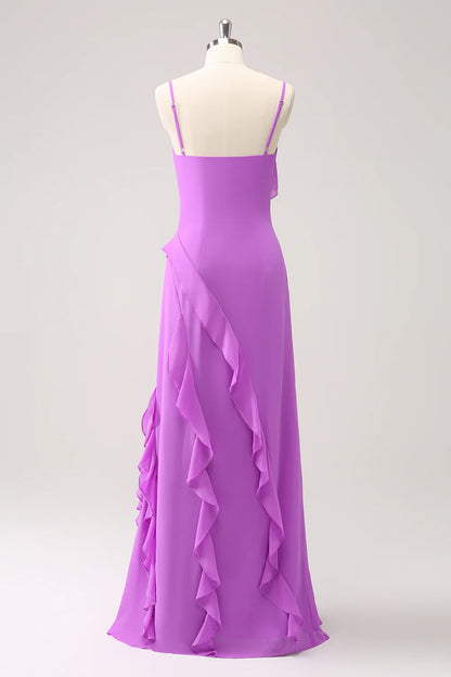 Tight fitting thin shoulder strap ruffle edge slit long bridesmaid dress