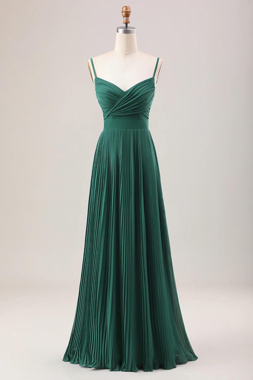 Deep green A-line thin shoulder strap pleated chiffon long bridesmaid dress