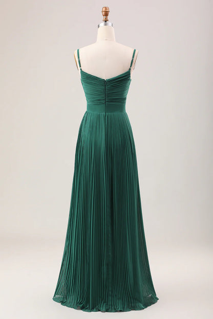 Deep green A-line thin shoulder strap pleated chiffon long bridesmaid dress