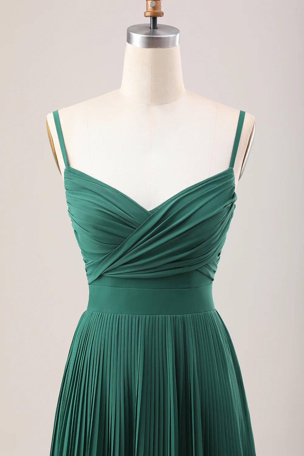 Deep green A-line thin shoulder strap pleated chiffon long bridesmaid dress