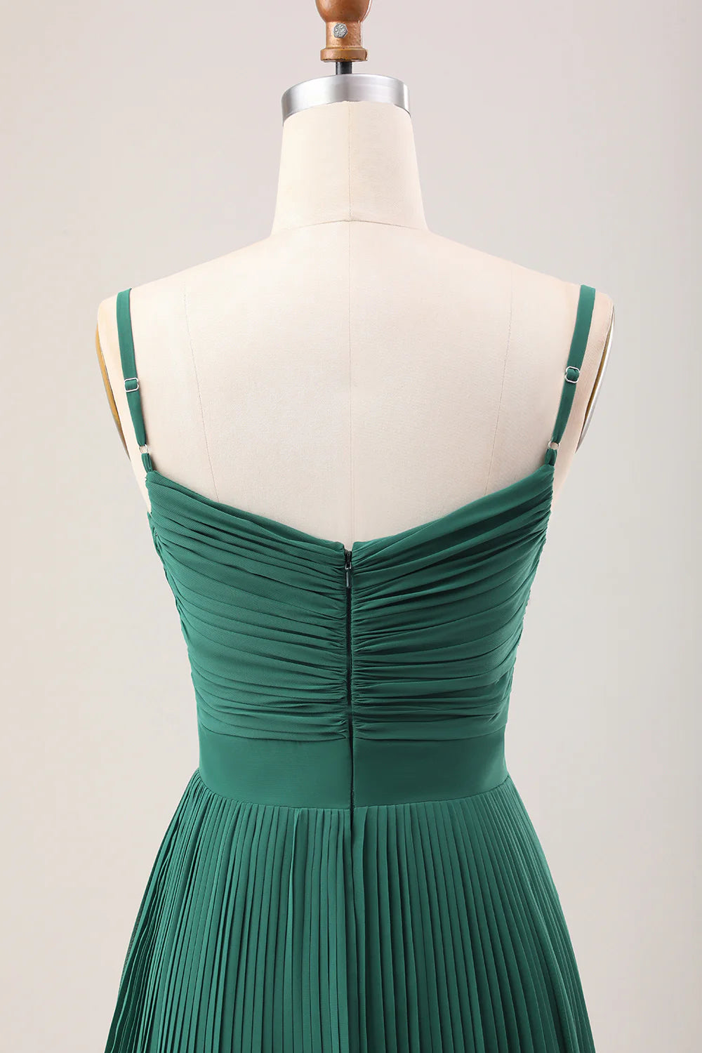 Deep green A-line thin shoulder strap pleated chiffon long bridesmaid dress