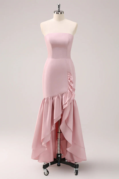 Pink ruffled fish tail strapless asymmetrical bridesmaid dress