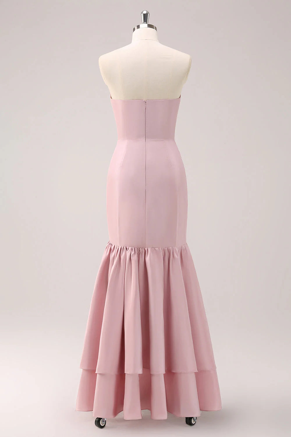 Pink ruffled fish tail strapless asymmetrical bridesmaid dress