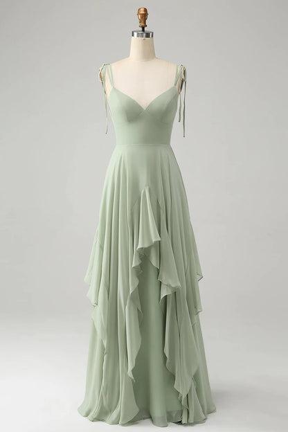 Matcha A-line thin shoulder strap ruffled chiffon long bridesmaid dress