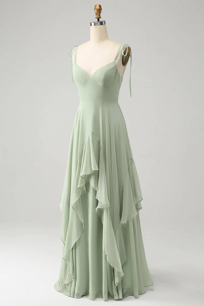 Matcha A-line thin shoulder strap ruffled chiffon long bridesmaid dress