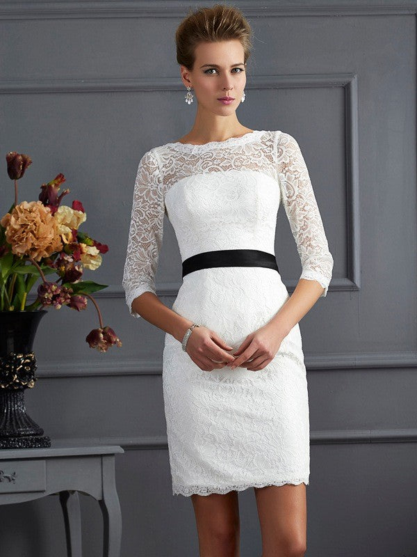 Sheath/Column Scoop 3/4 Sleeves Sash/Ribbon/Belt Short Lace Mother of the Bride Dresses