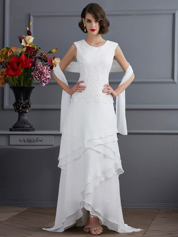 Sheath/Column Bateau Sleeveless Lace High Low Chiffon Mother of the Bride Dresses