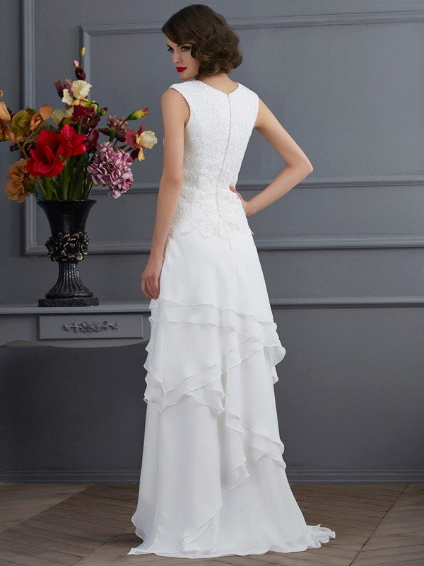 Sheath/Column Bateau Sleeveless Lace High Low Chiffon Mother of the Bride Dresses