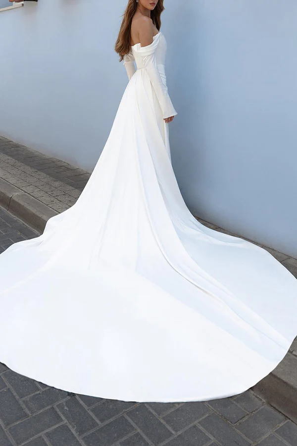 Off the shoulder long sleeved empire pleated side slit wedding dress