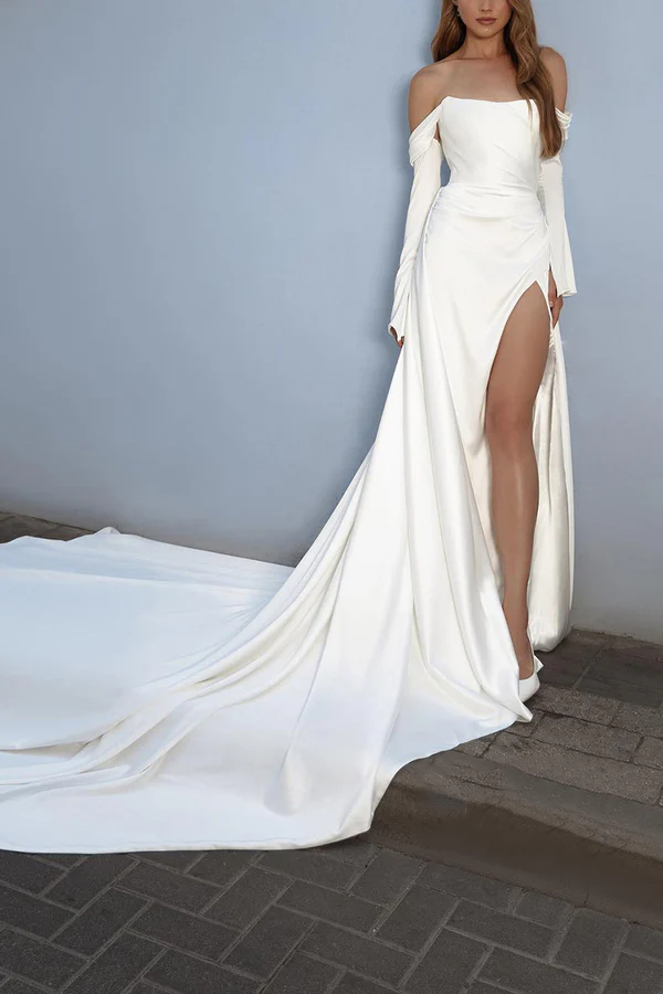 Off the shoulder long sleeved empire pleated side slit wedding dress