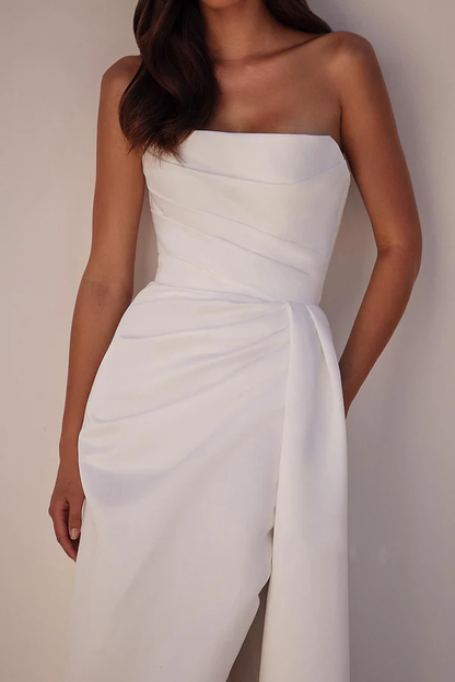 Satin boat shaped sleeveless imperial pleated side slit wedding dress