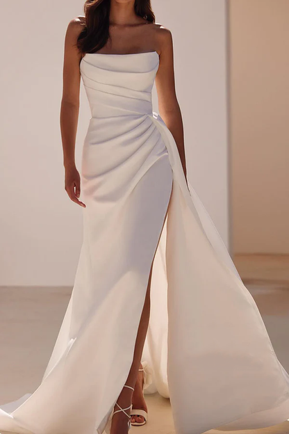 Satin boat shaped sleeveless imperial pleated side slit wedding dress