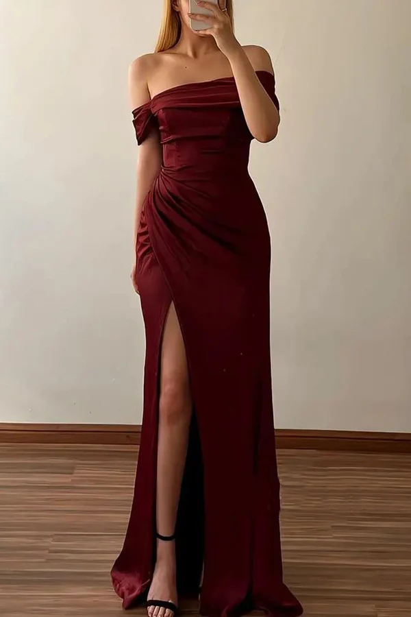 Fitted off shoulder pleated side slit party ball evening dress