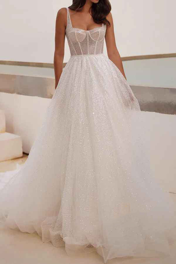 Sequin A-shaped Sweetheart Thin Shoulder Strap Fantasy Wedding Dress