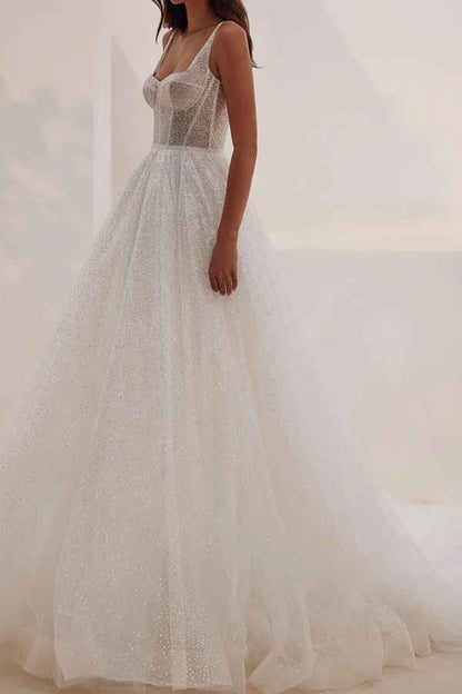 Sequin A-shaped Sweetheart Thin Shoulder Strap Fantasy Wedding Dress