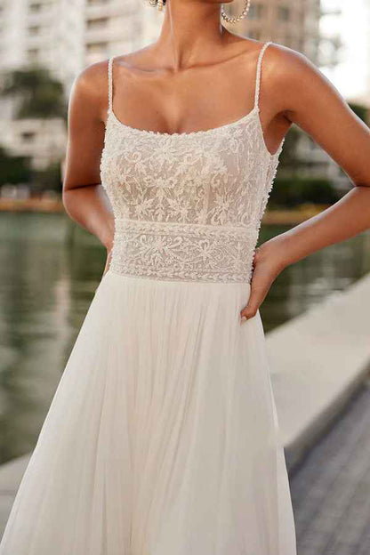 Thin shoulder strap lace sticker side slit thin gauze beach wedding dress