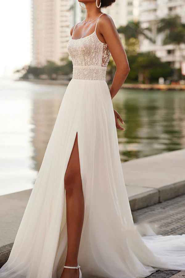 Thin shoulder strap lace sticker side slit thin gauze beach wedding dress