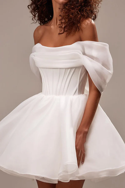 Unique sheer A-shaped off shoulder strap short wedding dress