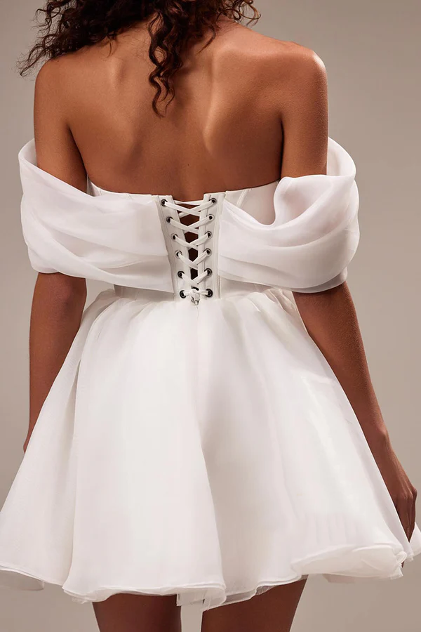 Unique sheer A-shaped off shoulder strap short wedding dress