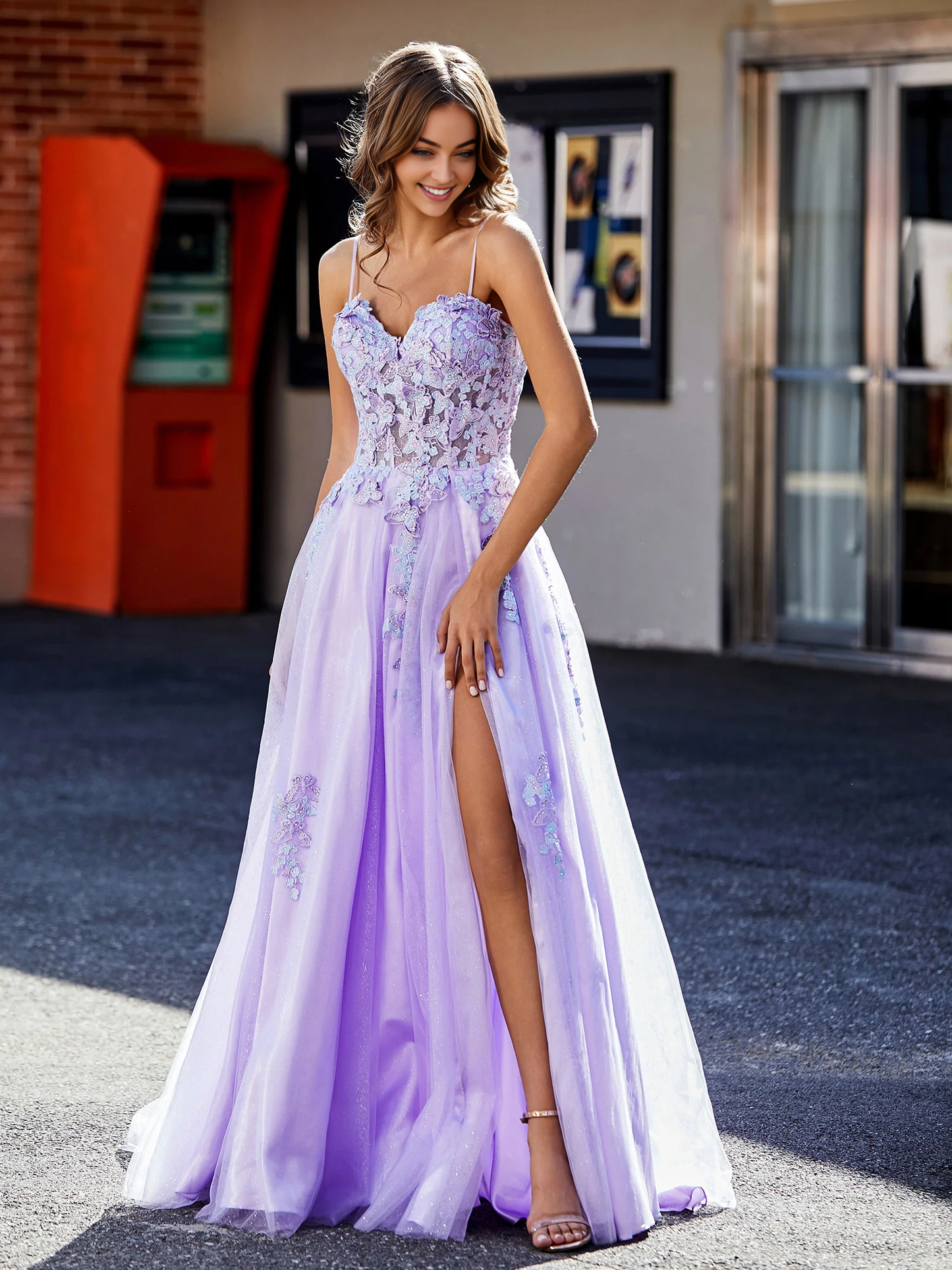 A-line decal top sheer slit Prom dress