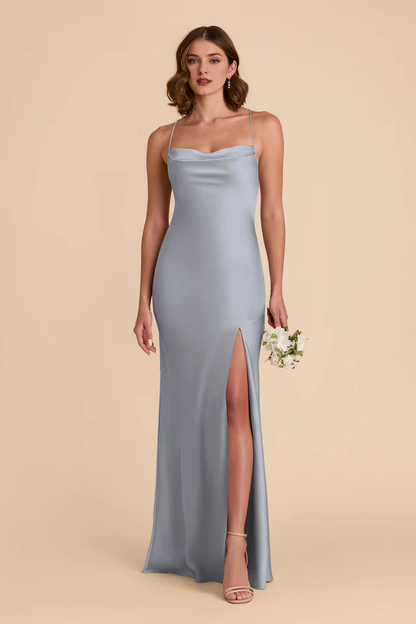 A-line neck hanging thin shoulder strap scarf with slit bridesmaid dress