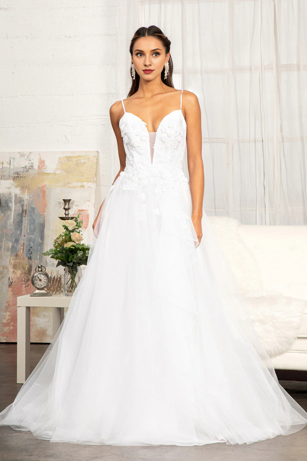 3D floral white long deep V-neck wedding dress