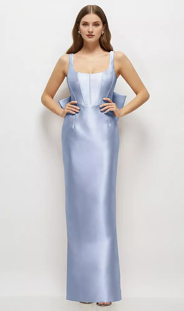 Bow low round neck tight corset satin and floor length bridesmaid dress