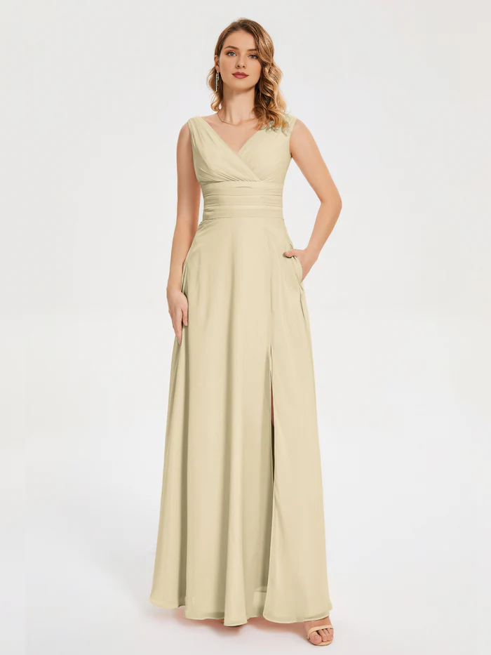 Minimally designed V-neck pocket bridesmaid dress