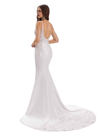 Sexy mermaid slim shoulder strap V-neck ultra long lace wedding dress