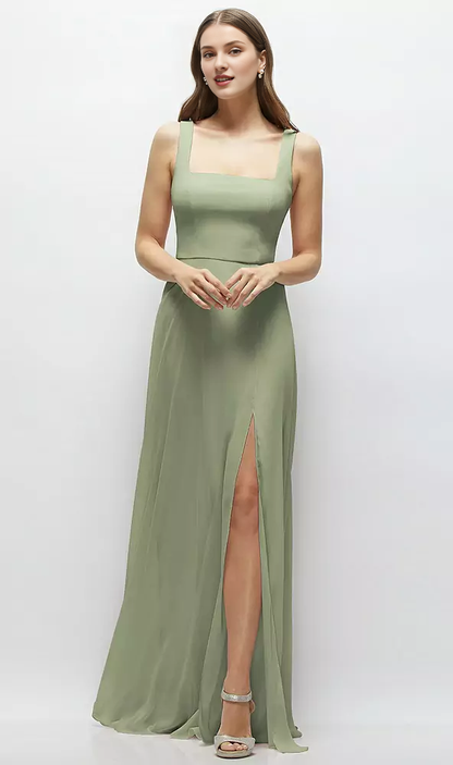 Round skirt square neck chiffon extra long bridesmaid dress