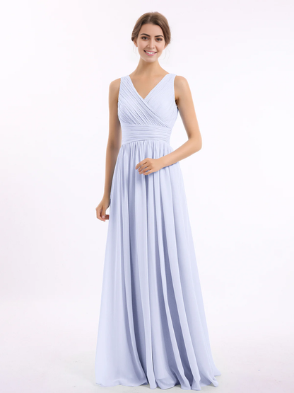 V-neck and floor chiffon dress