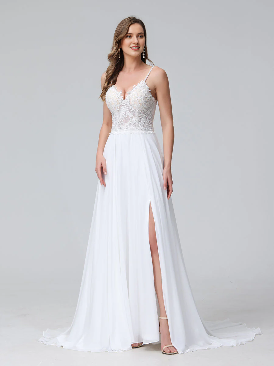 A-line thin shoulder strap V-neck sleeveless long chiffon wedding dress