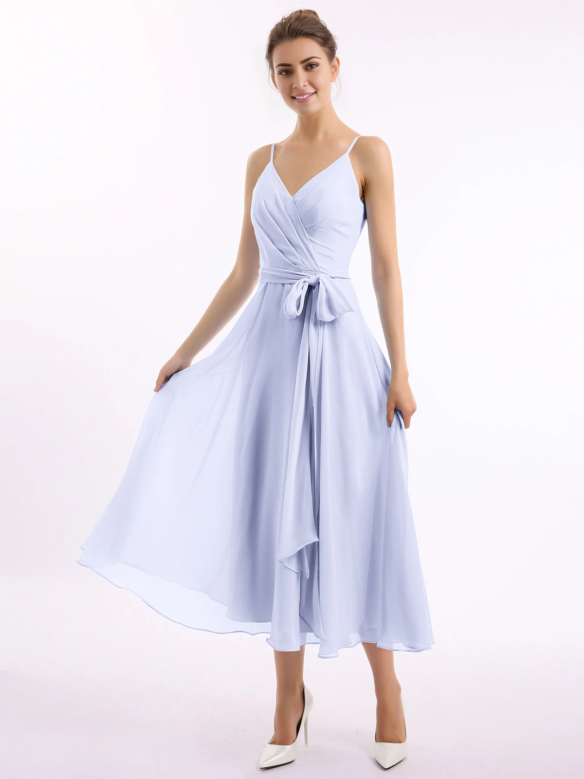 Belt bow thin shoulder strap long dress