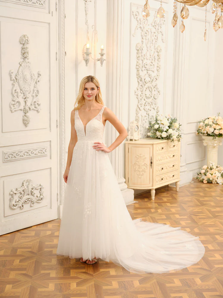 A-line Princess V-neck Half Sleeve Embroidered Long Wedding Dress