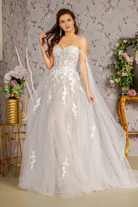 Floral embroidery long open shoulder transparent tight corset wedding dress