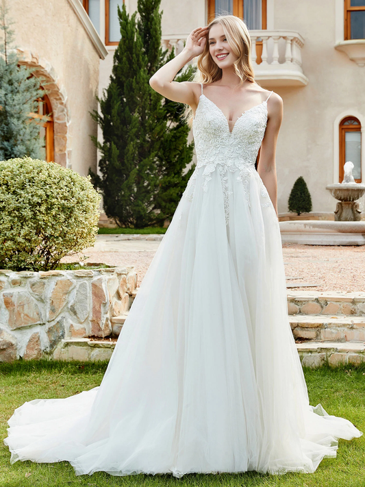 Lace chiffon pleated church trailing wedding dress