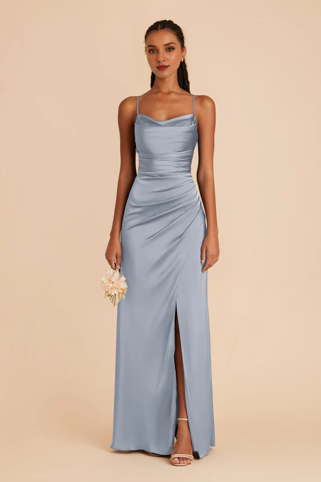 Thin shoulder strap pleated collar matte satin fish tail slit bridesmaid dress