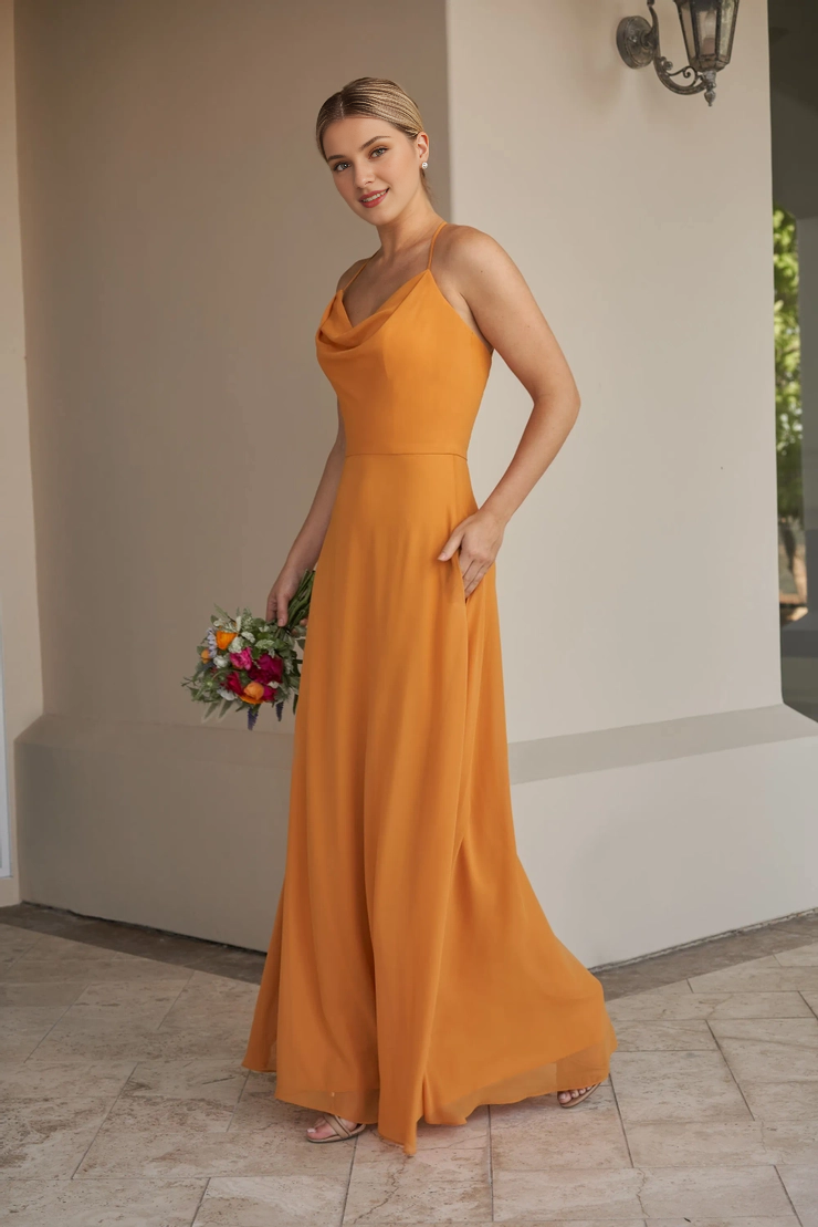 Thin shoulder strap scarf style front neckline V-shaped back bridesmaid dress