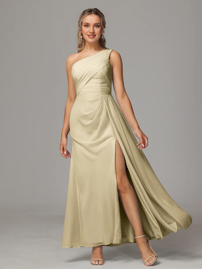 One shoulder and floor length chiffon bridesmaid dress