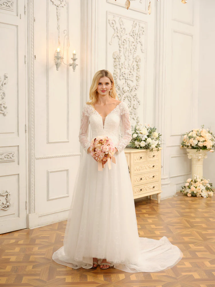 A-line princess V-neck long lace applique long sleeved wedding dress