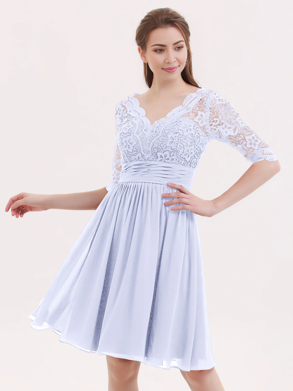 Lace chiffon five quarter sleeve short dress