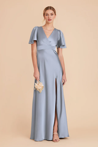 A-line V-neck cross ruffle sleeves satin slit bridesmaid dress