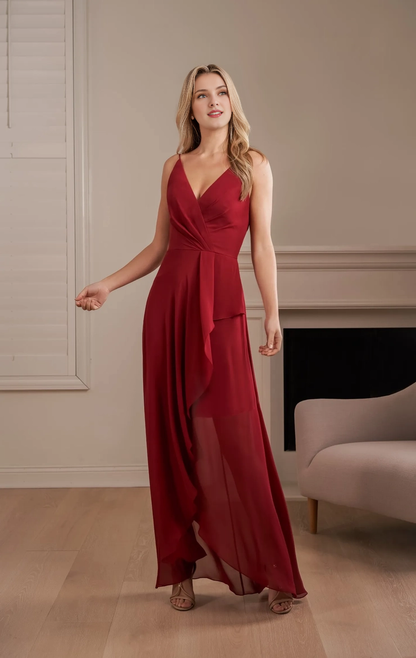 Polyester chiffon A-line V-shaped thin shoulder strap collar U-shaped round back bridesmaid dress