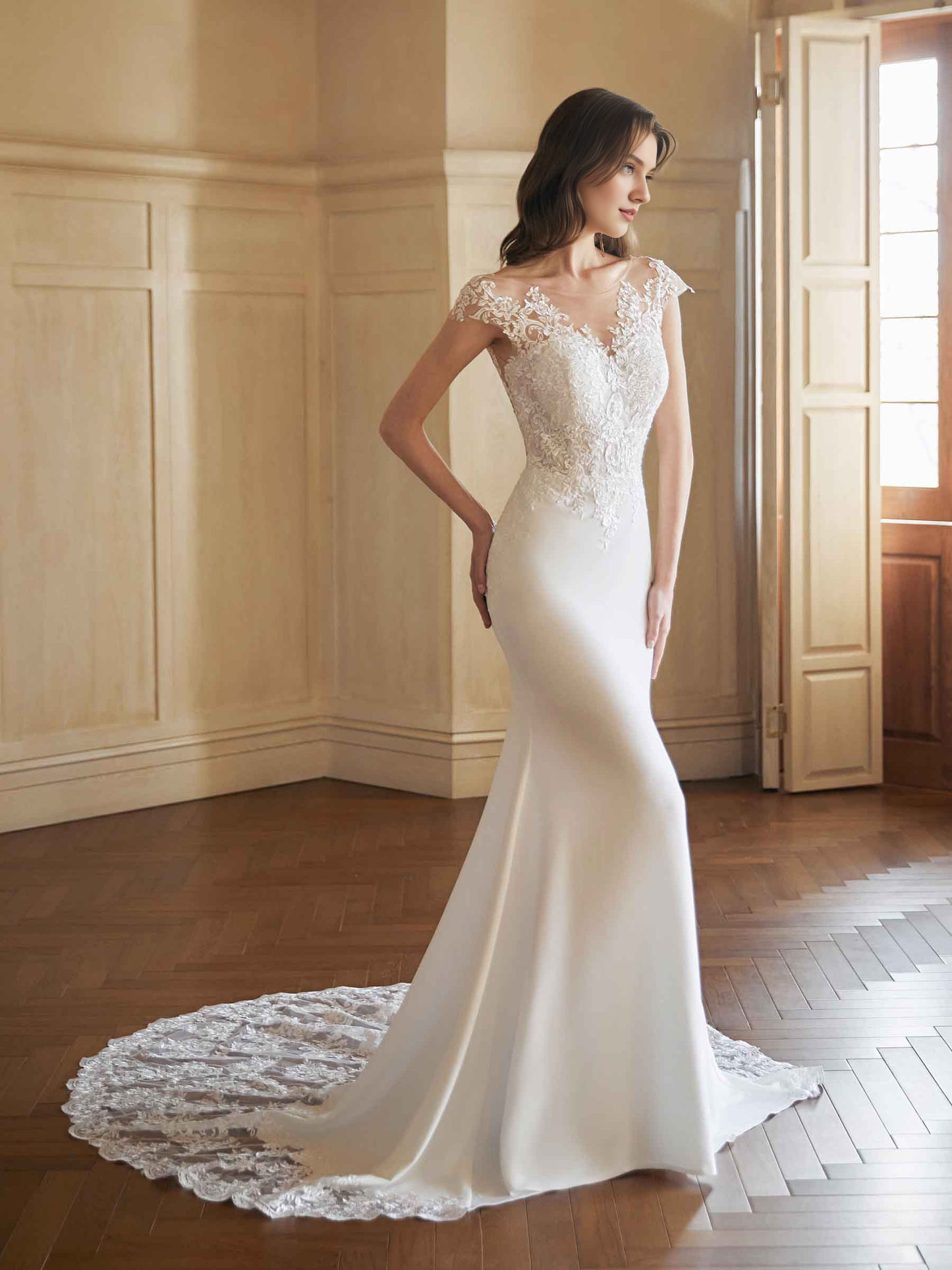 Sleeved sexy fishtail backless V-neck extra long lace wedding dress