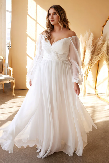 Large size long sleeved chiffon wedding dress